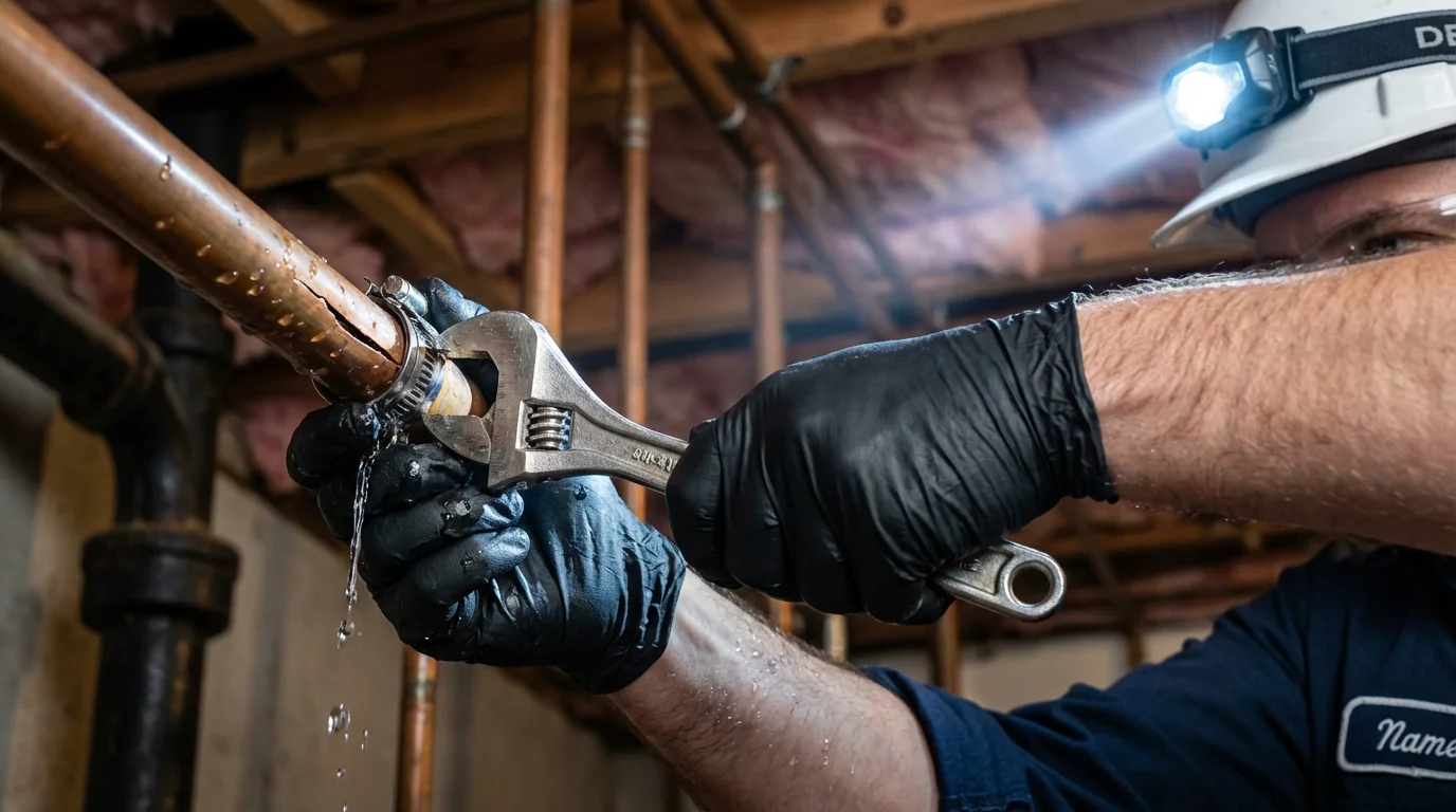 Emergency pipe clamp repair being performed by a Johns Plumbing LLC plumber in South Gate