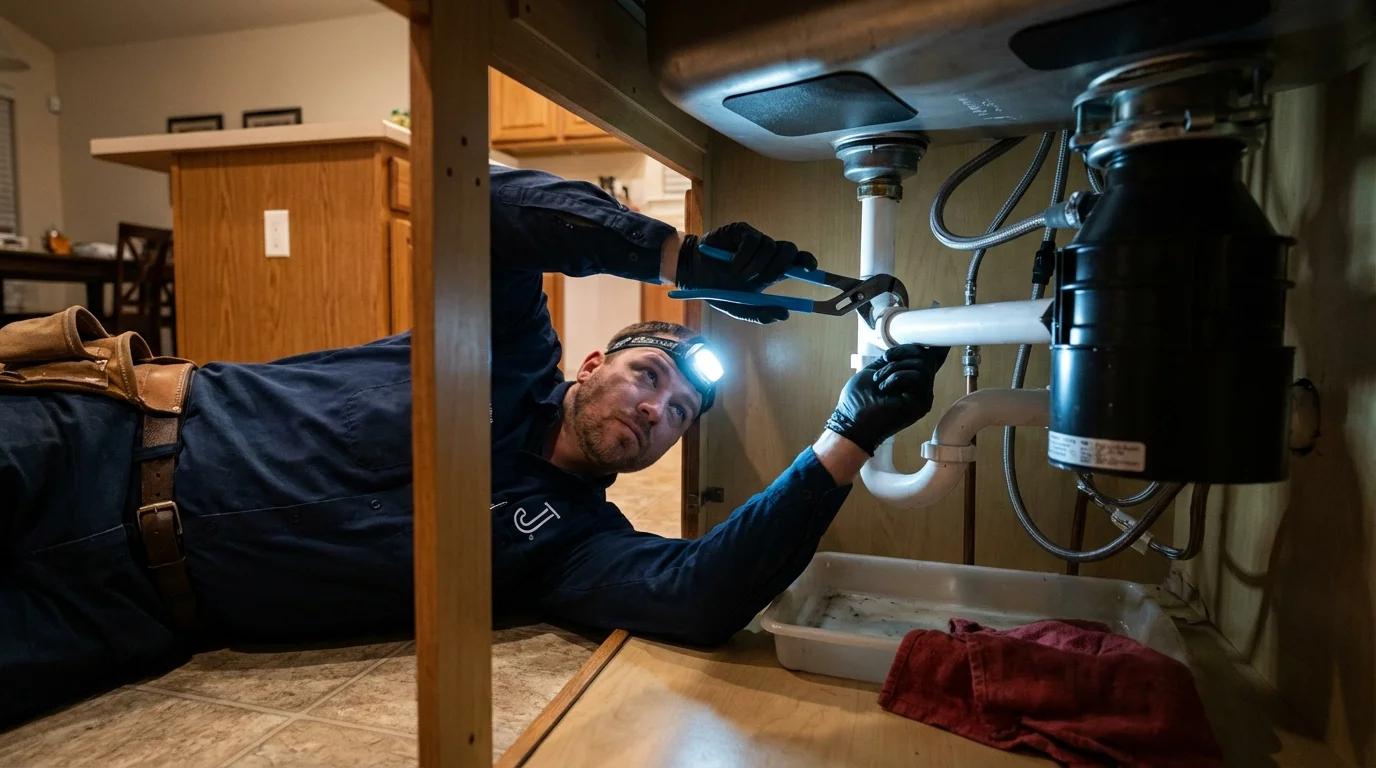 P-trap and supply line connections under a kitchen sink showing a common leak point in South Gate, CA